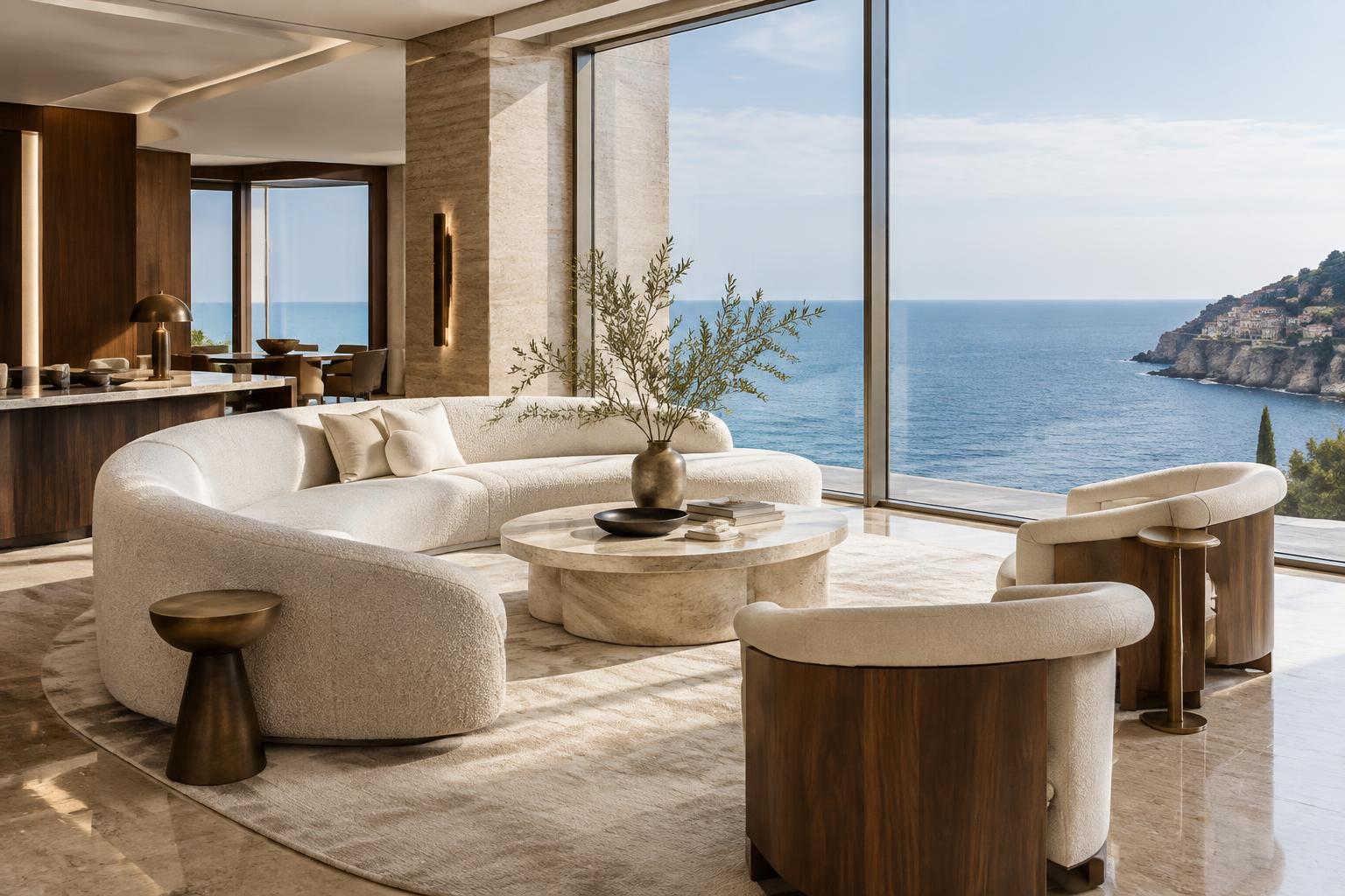 Refined coastal hospitality interiors with sculptural furniture and ocean views